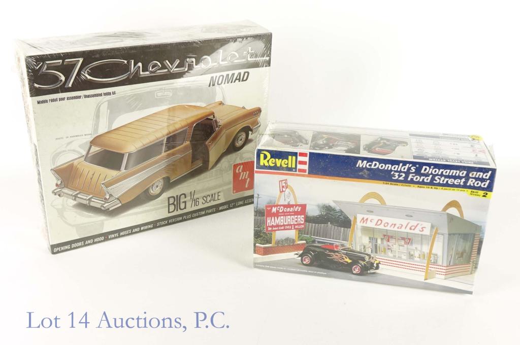 Car Model Kits - Revell & AMT: (2) Car Model Kits. Both sealed in their original boxes. No damage has been done to either boxes. Revell McDonald's Diorama and '32 Ford Street Rod --- 1:24 scale, measures 6 15/16" in length, 76 piec