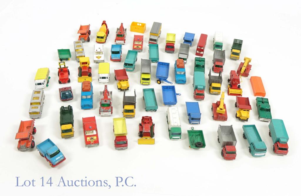 Matchbox Die-Cast Toy Trucks & Cars (50+): Lot of 50+ vintage "matchbox" die-cast toy trucks and cars from 1960s-1970s. Brands include Lesney, Corgi Juniors and more. Conditions vary, but overall worn (see pictures).