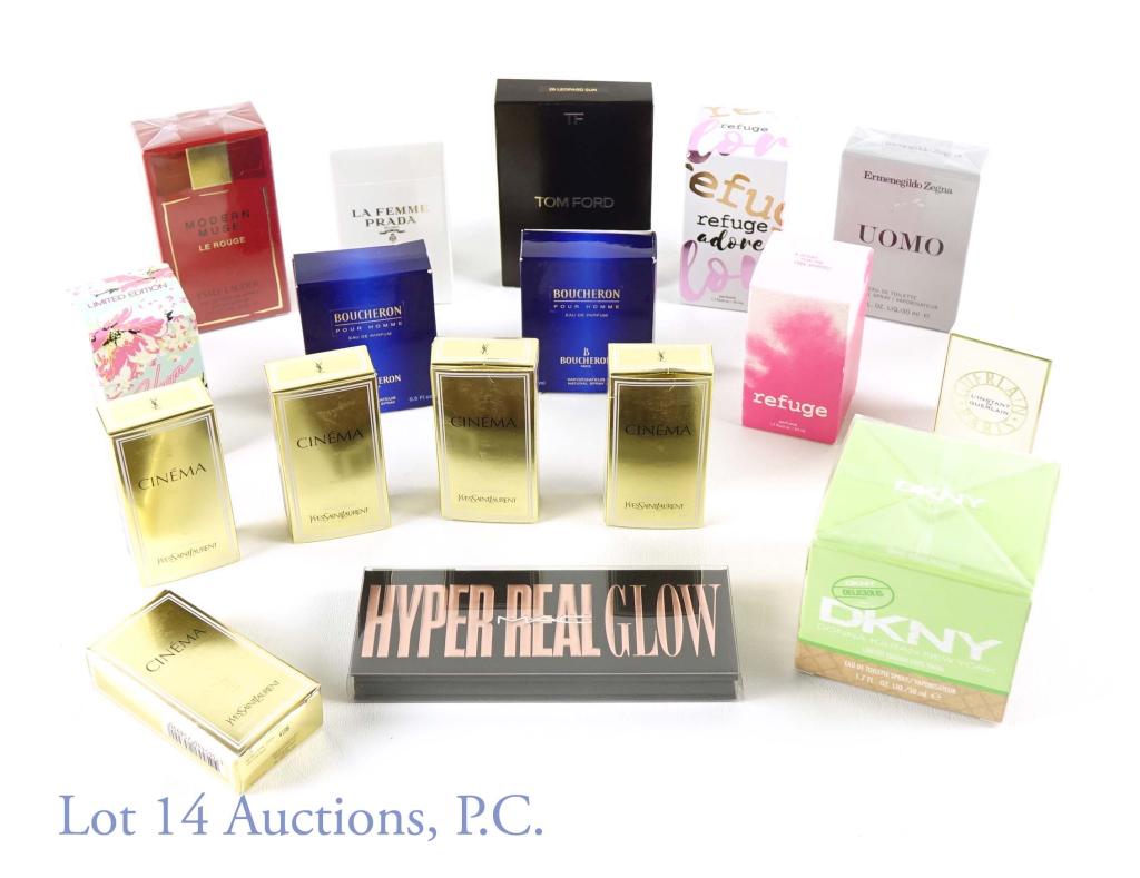 Estee Lauder, DKNY, Zegna, Etc. Perfumes & Lotions (15): 14 Fragrances/sprays and 1 lotion, multiple different brands. Included: 5 "Cinema" By Yves Saint Laurent Perfume .27 fl. oz each (8ml each). 3 Refuge Perfumes (Adore 1.7 fl. oz., Bloom 1.7 fl. oz., an