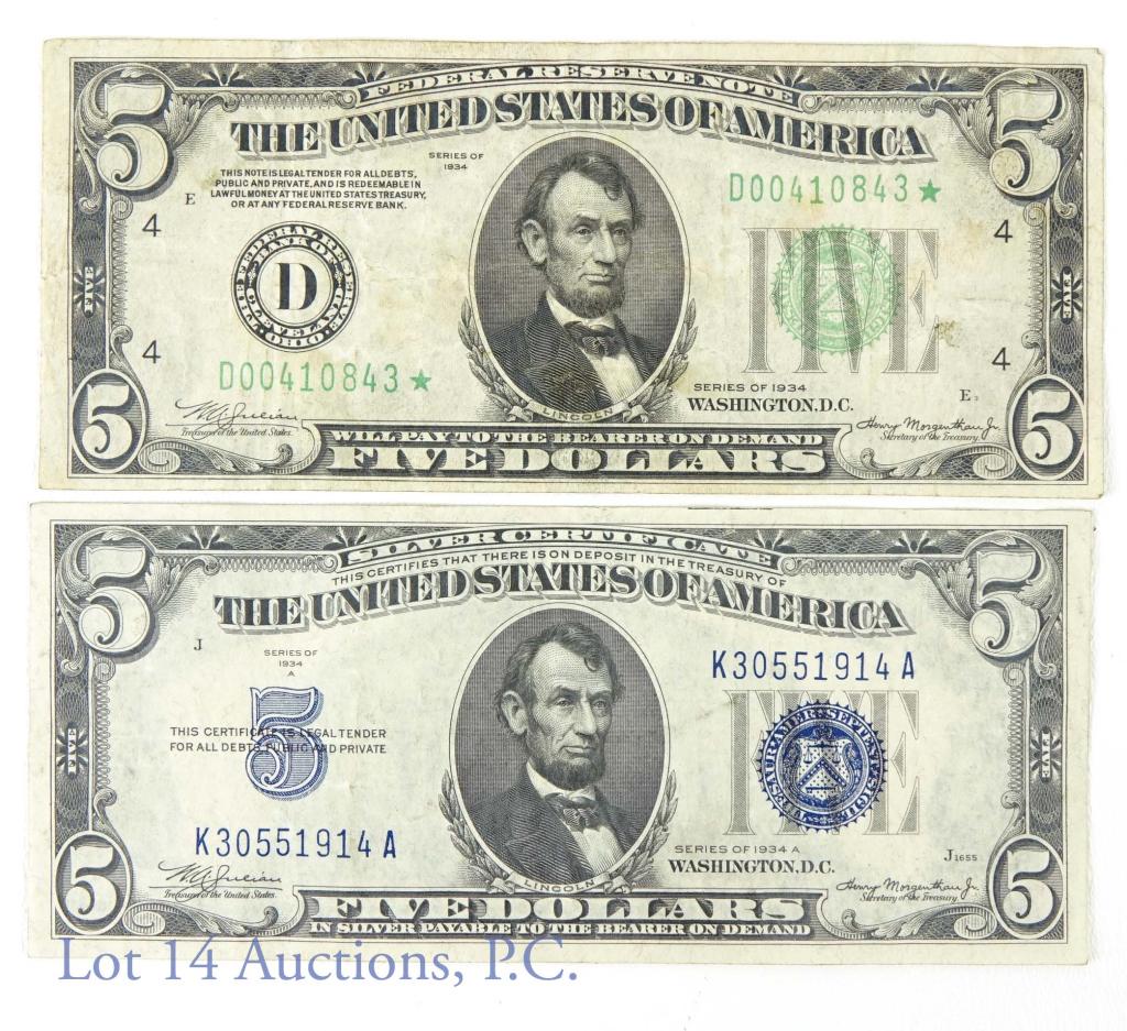 Rare 1934 $5 Star Note & 1934A $5 Silver Cert) (1 of 2)