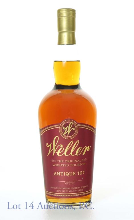 Weller Antique 107 Straight Bourbon Whiskey: **IF YOU NEED SHIPPING ON BOTTLES OR DECANTERS PLEASE CALL US BEFORE BIDDING! 847-625-0555!** Weller Antique 107 Kentucky straight wheated bourbon whiskey. 107 proof. 750 ml. Buffalo Trace Distillery.