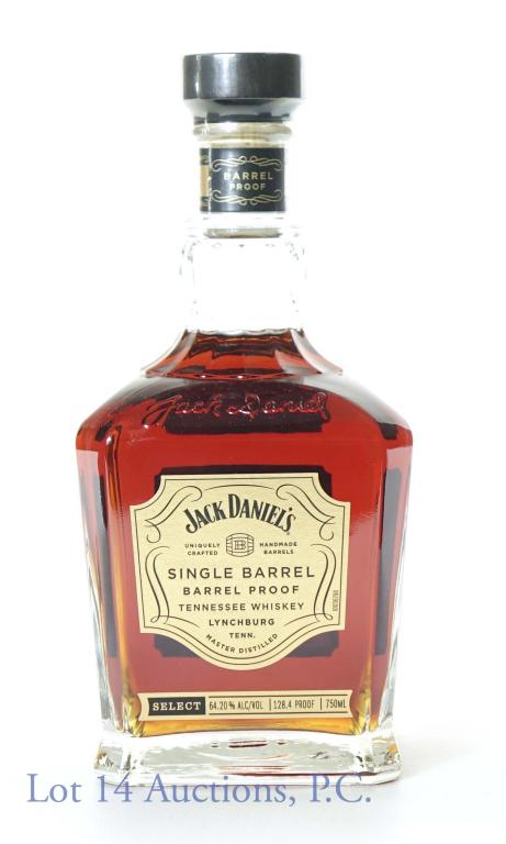 Jack Daniel's Single Barrel Barrel Proof Whiskey: *** IF YOU MAY NEED SHIPPING, PLEASE CALL US BEFORE BIDDING ON BOTTLES! 847-625-0555. *** Jack Daniel's single barrel, barrel proof Tennessee whiskey. 128.4 proof, 750 ml.