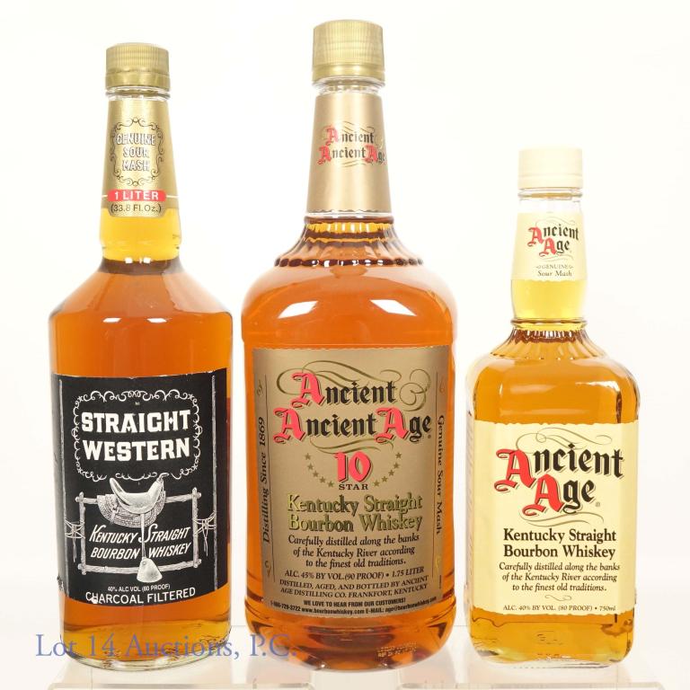 Ancient Age & Straight Western Bourbon Whiskey Lot: *** IF YOU MAY NEED SHIPPING, PLEASE CALL US BEFORE BIDDING ON BOTTLES! 847-625-0555. *** Lot of 3 bottles: 1) 1 bottle of Ancient Age Kentucky straight bourbon whiskey, 80 proof, 750 ml.; 2) 1 bottle