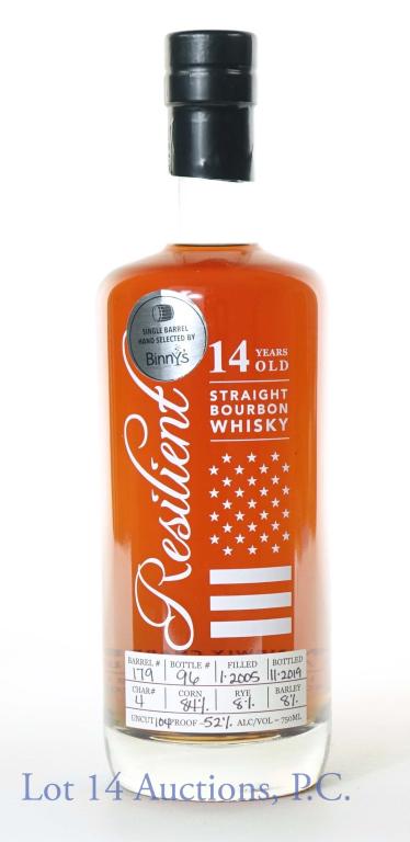 Resilient 14 Year Bourbon Whiskey (Binny's Pick): *** IF YOU MAY NEED SHIPPING, PLEASE CALL US BEFORE BIDDING ON BOTTLES! 847-625-0555. *** Resilient straight bourbon whiskey. 14 years old. Selected by Binny's Beverage Depot. Barrel #179, bottle #96,