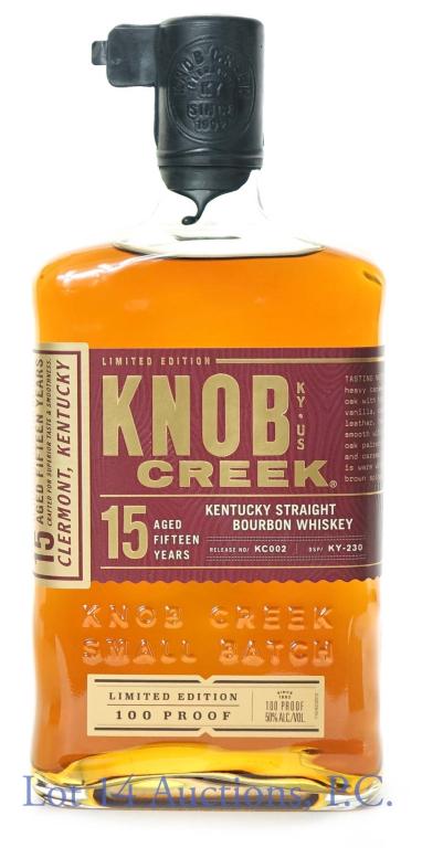 Knob Creek Ltd. Ed. 15 Yr Bourbon Whiskey: **IF YOU NEED SHIPPING ON BOTTLES OR DECANTERS PLEASE CALL US BEFORE BIDDING! 847-625-0555!** Knob Creek small batch limited edition Kentucky straight bourbon whiskey. Aged 15 years. 100 proof, 750 ml