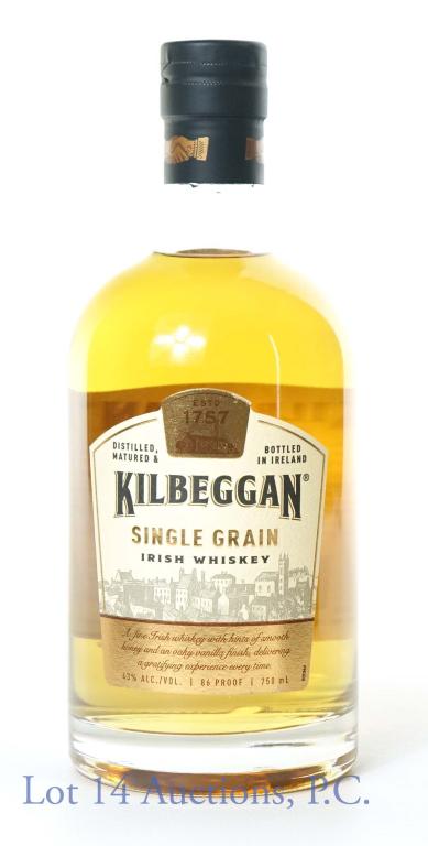 Kilbeggan Single Grain Irish Whiskey: *** IF YOU MAY NEED SHIPPING, PLEASE CALL US BEFORE BIDDING ON BOTTLES! 847-625-0555. *** Kilbeggan single grain Irish whiskey. 86 proof, 750 ml.