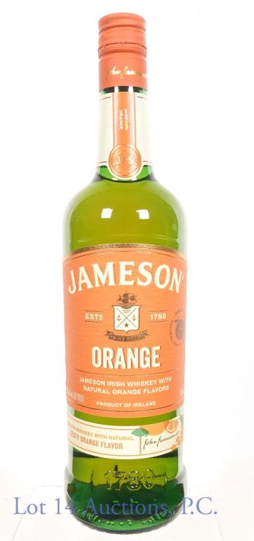 Jameson Irish Whiskey Orange: *** IF YOU MAY NEED SHIPPING, PLEASE CALL US BEFORE BIDDING ON BOTTLES! 847-625-0555. *** Jameson Irish whiskey - natural orange flavors. 60 proof. 750 ml.