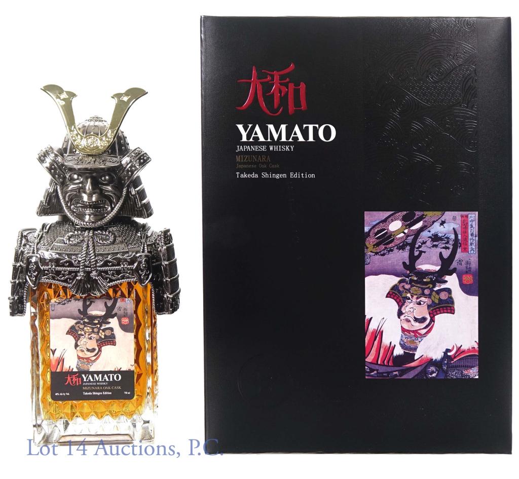 Yamato Whisky Takeda Shingen Edition: *** IF YOU MAY NEED SHIPPING, PLEASE CALL US BEFORE BIDDING ON BOTTLES! 847-625-0555. *** Yamato Japanese whisky - Takeda Shingen edition. 80 proof. 750 ml. Aged in Mizunara (Japanese oak casks). Come