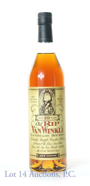 Old Rip Van Winkle 10 Year Bourbon Whiskey: **IF YOU NEED SHIPPING ON BOTTLES OR DECANTERS PLEASE CALL US BEFORE BIDDING! 847-625-0555!** Van Winkle Kentucky straight bourbon whiskey. Old RIP. 10 years old. 107 proof. 750 ml. We expect this lot