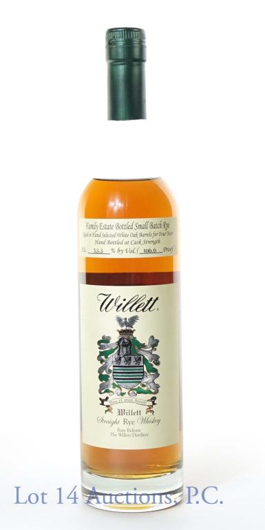 Willett Family Rare Release Sm Batch Rye Whiskey: **IF YOU NEED SHIPPING ON BOTTLES OR DECANTERS PLEASE CALL US BEFORE BIDDING! 847-625-0555!** Willett Family Estate small batch rare release straight rye whiskey. 4 years. Cask strength (106.6 proof).