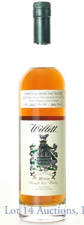 Willett Small Batch Rare Release Rye Whiskey: **IF YOU NEED SHIPPING ON BOTTLES OR DECANTERS PLEASE CALL US BEFORE BIDDING! 847-625-0555!** Willett Straight Rye Whiskey. Small batch, rare release, cask strength. 55.8% abv, 111.6 proof, 750 ml.