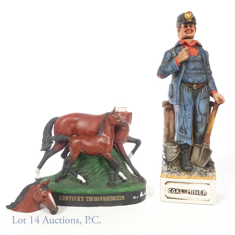 Commonwealth Distillery Decanters (2)**: *** IF YOU MAY NEED SHIPPING, PLEASE CALL US BEFORE BIDDING ON BOTTLES! 847-625-0555. *** Lot of 2 Commonwealth Distillery decanters. 1) Cole Miner - King Coal Kentucky straight bourbon whiskey, 1975,