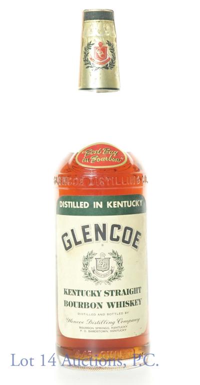 Glencoe Bourbon (Series 111 Tax Strip): *** IF YOU MAY NEED SHIPPING, PLEASE CALL US BEFORE BIDDING ON BOTTLES! 847-625-0555. *** Glencoe Kentucky straight bourbon whiskey. 6 years. 86 proof. 4/5 quart. Series 111 tax strip (1944 - 1960).