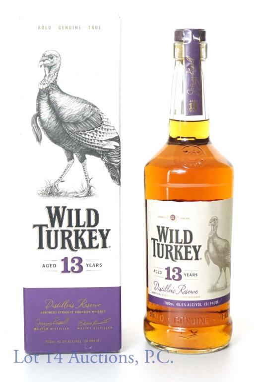 Wild Turkey 13 Year Bourbon Whiskey: **IF YOU NEED SHIPPING ON BOTTLES OR DECANTERS PLEASE CALL US BEFORE BIDDING! 847-625-0555!** Wild Turkey Kentucky straight bourbon whiskey. Distiller's Reserve. Aged 13 years. 91 proof, 750 ml. Comes