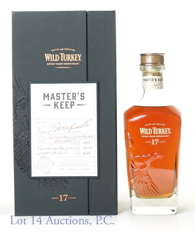 Wild Turkey Masters Keep Bourbon (17 Yr): *** IF YOU MAY NEED SHIPPING, PLEASE CALL US BEFORE BIDDING ON BOTTLES! 847-625-0555. *** Wild Turkey Master's Keep Kentucky straight bourbon whiskey. 17 years. 86.8 proof. 750 ml. Batch 0001. Bottle