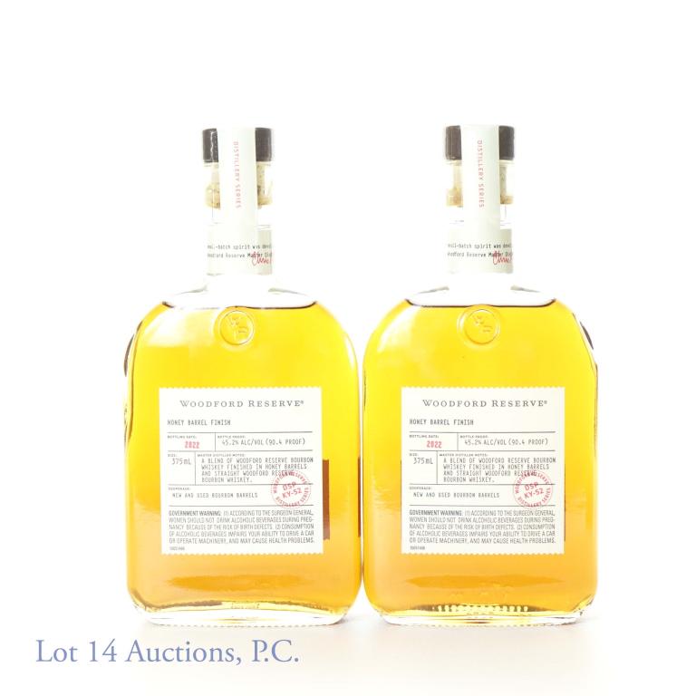 Woodford Reserve Distil. Release Honey Barrel Finish (2): *** IF YOU MAY NEED SHIPPING, PLEASE CALL US BEFORE BIDDING ON BOTTLES! 847-625-0555. *** (2) bottles of 2022 Woodford Reserve honey barrel and straight bourbon whiskeys. 90.4 proof. 375 ml. Distiller