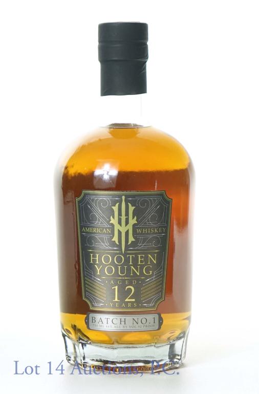 Hooten Young 12 Year Whiskey: **IF YOU NEED SHIPPING ON BOTTLES OR DECANTERS PLEASE CALL US BEFORE BIDDING! 847-625-0555!** Hooten Young American whiskey. Aged 12 years, batch no. 1. 46% abv, 92 proof, 750 ml.