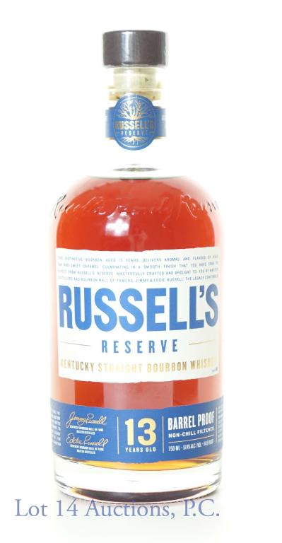 Russells Reserve Bourbon (13 Yr 114.8 Proof): *** IF YOU MAY NEED SHIPPING, PLEASE CALL US BEFORE BIDDING ON BOTTLES! 847-625-0555. *** Russell's Reserve Kentucky straight bourbon whiskey. 13 years. Barrel proof (114.8 proof). 750 ml. Wild Turkey