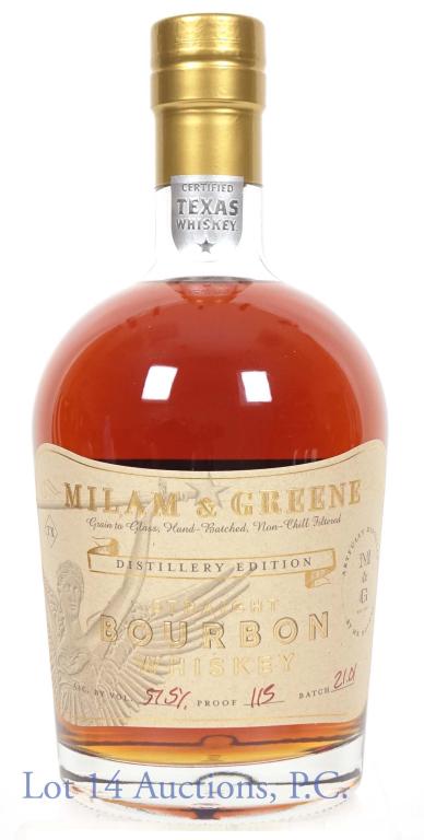 Milam & Greene Distillery Ed Bourbon (115 Proof): *** IF YOU MAY NEED SHIPPING, PLEASE CALL US BEFORE BIDDING ON BOTTLES! 847-625-0555. *** Milam & Greene straight bourbon whiskey. Distillery edition. 115 proof. 750 ml. Batch 21.01. Provision Spirits