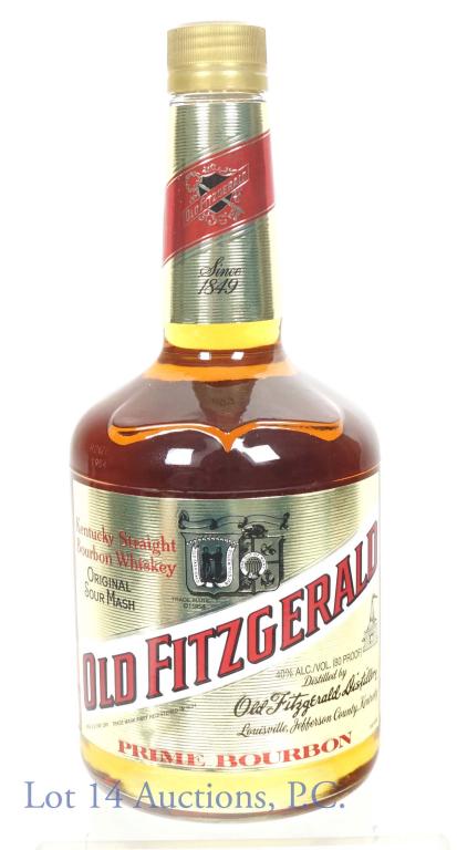 Old Fitzgerald Bourbon Whiskey - Squat Bottle: *** IF YOU MAY NEED SHIPPING, PLEASE CALL US BEFORE BIDDING ON BOTTLES! 847-625-0555. *** Old Fitzgerald Kentucky straight bourbon whiskey. 80 proof, 750 ml. Etch H2421 1954.