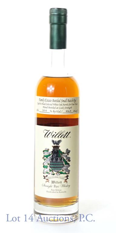 Willett Family Est. 4 Yr. Sm. Batch Rye Whiskey: *** IF YOU MAY NEED SHIPPING, PLEASE CALL US BEFORE BIDDING ON BOTTLES! 847-625-0555. *** 104.8 proof, 750ml. Willett Family Estate bottled small batch rye whiskey. Rare Release. (No batch # or Bottle
