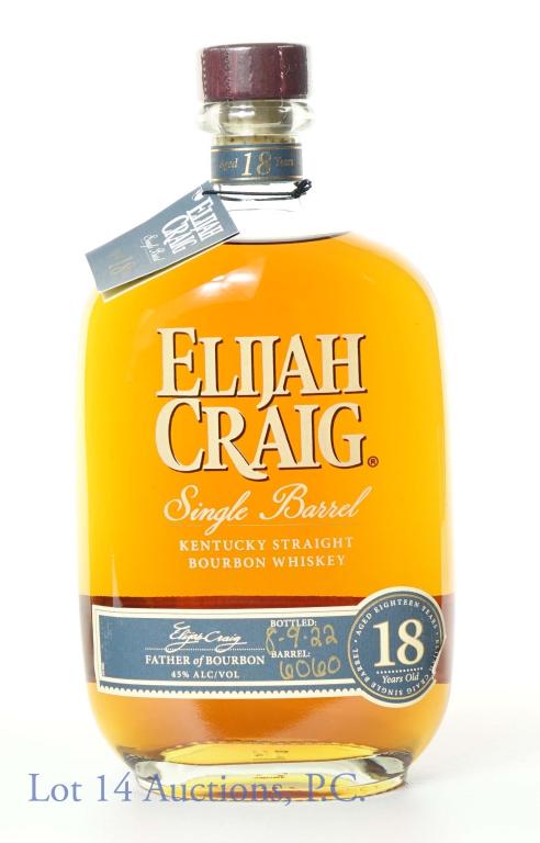 Elijah Craig 18 Year Single Barrel Bourbon Whiskey: *** IF YOU MAY NEED SHIPPING, PLEASE CALL US BEFORE BIDDING ON BOTTLES! 847-625-0555. *** Elijah Craig single barrel Kentucky straight bourbon whiskey. 18 years. 90 proof. 750 ml. Bottled 8-9-22. Barr