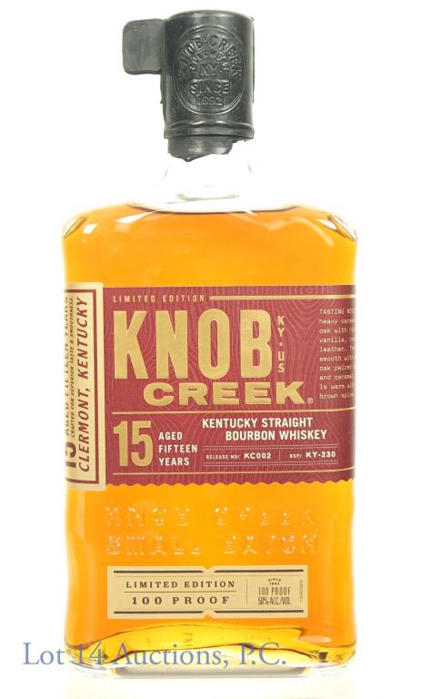Knob Creek 15 Yr. Ltd. Ed. Sm. Batch Bourbon: *** IF YOU MAY NEED SHIPPING, PLEASE CALL US BEFORE BIDDING ON BOTTLES! 847-625-0555. *** 100 proof, 750ml. Knob Creek 15 Year Old Small Batch Limited Edition Bourbon Whiskey. Release No. KC002, DPS K