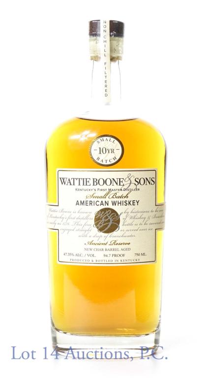 Wattie Boone & Sons Small Batch 10 Yr. Am. Whiskey: *** IF YOU MAY NEED SHIPPING, PLEASE CALL US BEFORE BIDDING ON BOTTLES! 847-625-0555. *** 94.7 proof, 750ml. Wattie Boone & Sons Small Batch 10 Yr. American Whiskey, Ancient Reserve. New char barrel a