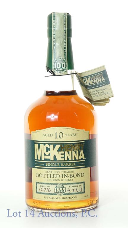 Henry McKenna 10 Yr. BiB Bourbon: *** IF YOU MAY NEED SHIPPING, PLEASE CALL US BEFORE BIDDING ON BOTTLES! 847-625-0555. *** Henry McKenna single barrel Kentucky straight bourbon whiskey. 10 years. Bottled in bond (100 proof). 750 ml.