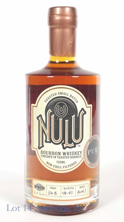 Nulu Small Batch Bourbon (Pure Wine Excl.): *** IF YOU MAY NEED SHIPPING, PLEASE CALL US BEFORE BIDDING ON BOTTLES! 847-625-0555. *** Nulu toasted small batch bourbon whiskey. 116.8 proof. 750 ml. Full & sealed. Pure Wine Exclusive. Batch: Pure