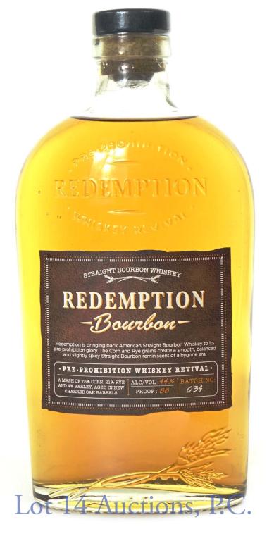 Redemption Bourbon: *** IF YOU MAY NEED SHIPPING, PLEASE CALL US BEFORE BIDDING ON BOTTLES! 847-625-0555. *** Redemption straight bourbon whiskey. 88 proof. 750 ml. Batch No. 34. Pre-prohibition whiskey revival.