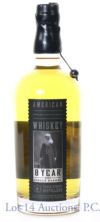 Peach Street American Peated Whiskey: *** IF YOU MAY NEED SHIPPING, PLEASE CALL US BEFORE BIDDING ON BOTTLES! 847-625-0555. *** Peach Street American peated single malt single barrel whiskey. 8 years. 92 proof. 750 ml. Metal ornament pres