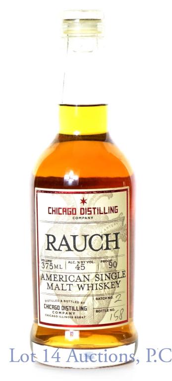Chicago Distilling Rauch Whiskey: *** IF YOU MAY NEED SHIPPING, PLEASE CALL US BEFORE BIDDING ON BOTTLES! 847-625-0555. *** Chicago Distilling Rauch American single malt whiskey. 90 proof. 375 ml. Batch No. 2. Bottle No. 158.