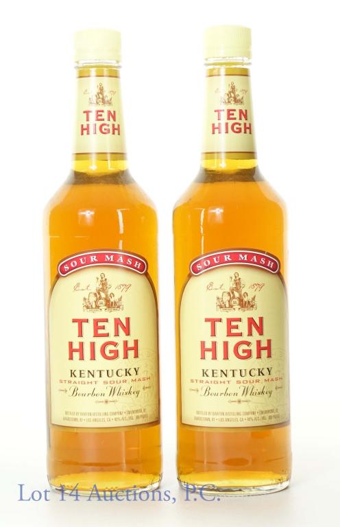 Ten High Sour Mash Bourbon Whiskey (2): *** IF YOU MAY NEED SHIPPING, PLEASE CALL US BEFORE BIDDING ON BOTTLES! 847-625-0555. *** Lot of 2, Ten High Kentucky straight sour mash bourbon whiskey. 80 proof, 750 ml.