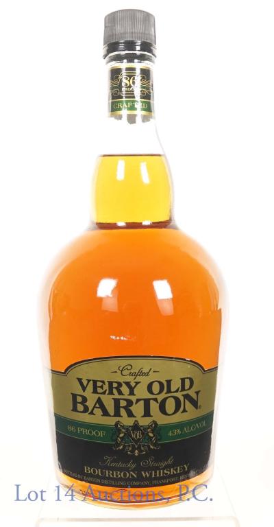 Very Old Barton Bourbon Whiskey (1.75L): *** IF YOU MAY NEED SHIPPING, PLEASE CALL US BEFORE BIDDING ON BOTTLES! 847-625-0555. *** Very Old Barton Kentucky straight bourbon whiskey. 86 proof, 1.75 L.