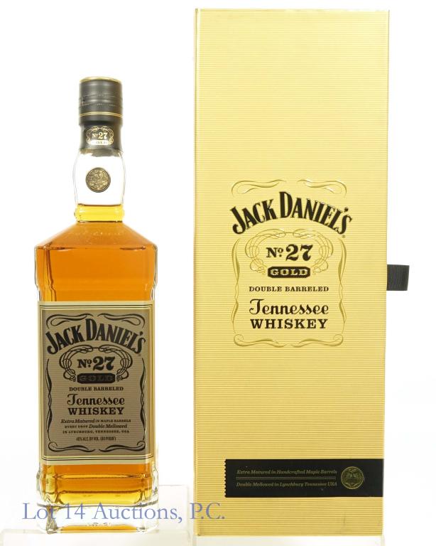 Jack Daniel's No. 27 Gold Tennessee Whiskey: *** IF YOU MAY NEED SHIPPING, PLEASE CALL US BEFORE BIDDING ON BOTTLES! 847-625-0555. *** 80 proof, 750 ml. Jack Daniel's No. 27 Gold Double Barreled Tennessee whiskey. Extra matured in Handcrafted ma