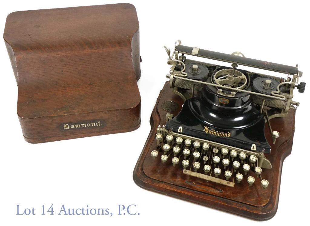 Hammond Early Multiplex Typewriter - Wooden Keys: This vintage Hammond Multiplex typewriter is missing the 'Multiplex' label, as it was probably cleaned off. The keys work properly, including the space bar, as do the levers and bell. It has the Hammo