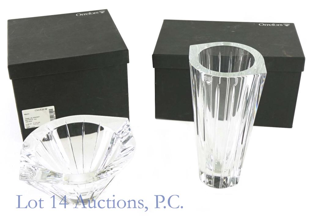 Orrefors Jan Johansson Crystal Bowl and Vase: Orrefors / Designer Jan Johansson / Crystal Bowl and Vase. Brand New in box / Made in Sweden / Marin Product Line. Bowl: Product No 6477512, Dimensions are 4" by 8-1/4". Vase: Product No 6477522, Dime