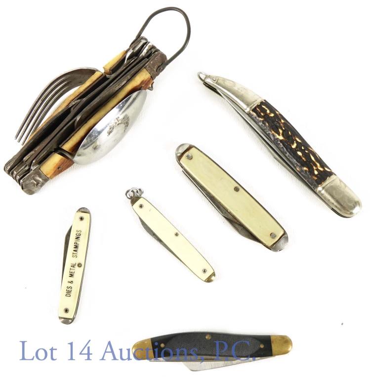 Multi Purpose Pocket Knives (6): 6 Different types of pocket knives. Each knife has dirt and rusting along the blades. Included: Vtg Japanese pocket knife fork/spoon/opener camping "Hobo Tool", Craftsman tools A.C.A edge cattle stock