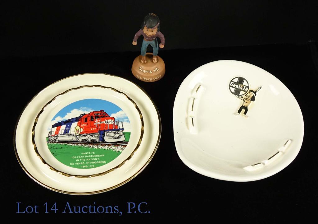 Santa Fe Railway Chico Mascot Figurine & Ashtrays: Santa Fe All the Way Railway Railroad Train Advertisement Lot: "Chico" Santa Fe Railway Railroad train figurine statue. Native American Indian boy vintage composition advertising statue for Santa Fe R