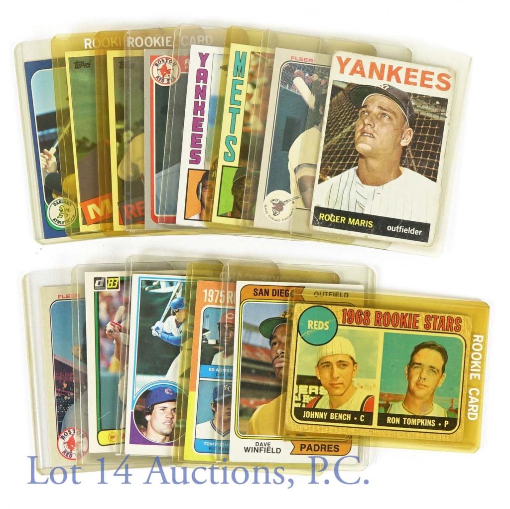 1964-1985 Topps Donruss Fleer Baseball Cards (13): 1964-1985 Topps Donruss Fleer Baseball Cards (Rookie Cards) (13 Total). Includes a 1964 Topps #225 Roger Maris, 1968 Topps #247 Johnny Bench Rookie Card, 1974 Topps #456 Dave Winfield Rookie Card, 197