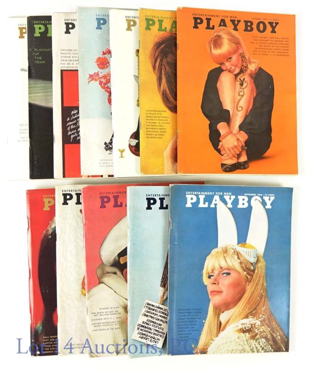 1966 Playboy Magazines - 12 - (FULL SET): Full set of Playboy magazines from 1966. February issue has a significant crease on the center. The rest of the magazine covers have light damage - some scratches and creasing, and the corners are den