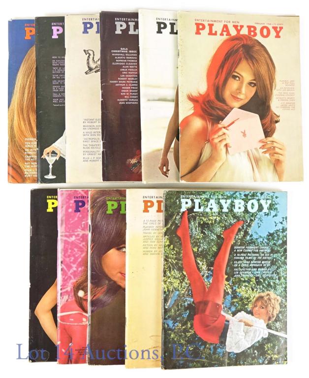 1968 Playboy Magazines - 11- (Feb-Dec): 11 Playboy magazines from 1968. February, March, and May issues have some water damage on the cover. The rest of the magazine covers have light damage - some scratches and creasing, and the corners ar