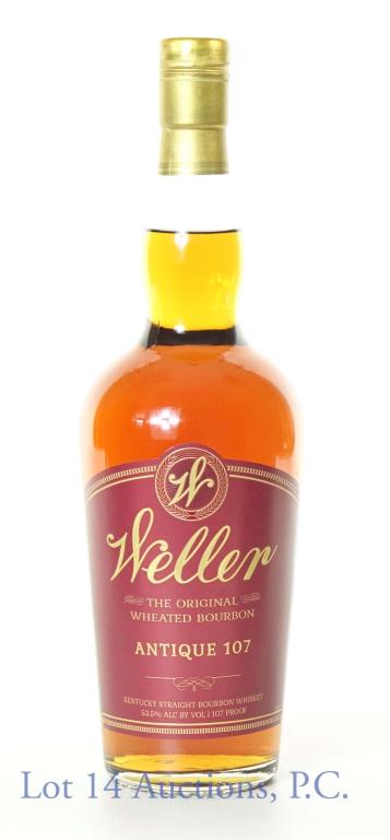 Weller Antique 107 Gold Foil Bourbon Whiskey: **IF YOU NEED SHIPPING ON BOTTLES OR DECANTERS PLEASE CALL US BEFORE BIDDING! 847-625-0555!** Weller Antique 107 Kentucky straight wheated bourbon whiskey. 107 proof. 750 ml. Etch: 21047 0113:56B. Buf