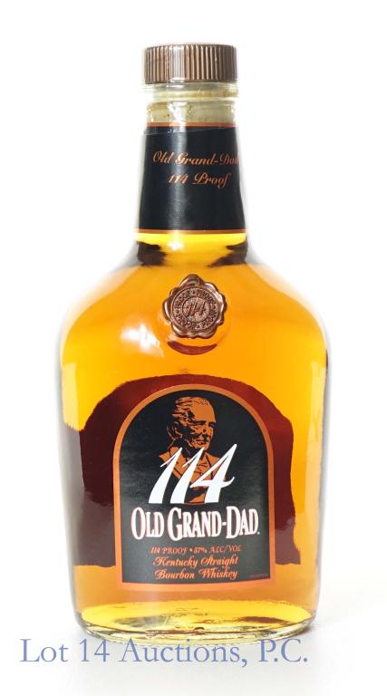 Old Grand-Dad 114 Lot No. 1 Whiskey: *** IF YOU MAY NEED SHIPPING, PLEASE CALL US BEFORE BIDDING ON BOTTLES! 847-625-0555. *** 114 proof. 57%abv. 750 ml., full and sealed.