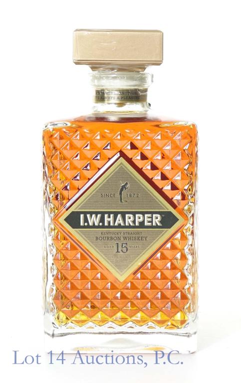 I.W. Harper 15 Yr. Bourbon: *** IF YOU MAY NEED SHIPPING, PLEASE CALL US BEFORE BIDDING ON BOTTLES! 847-625-0555. *** I.W. Harper Kentucky Straight Bourbon Whiskey. 43% abv. 86 proof. 750 ml. Aged 15 years. I.W. Harper Distillin