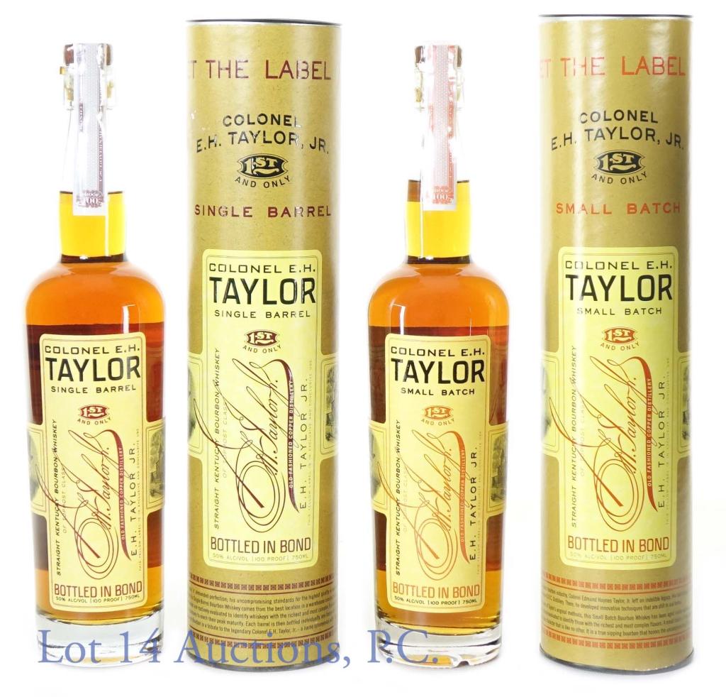 Col. E. H. Taylor Single Barrel / Small Batch Pr.: 100 proof, 750ml. Colonel E. H. Taylor Single Barrel Bottled in Bond and Small Batch Bottled in Bond Straight Kentucky Bourbon Whiskey. In cylinders. Distilled & Bottled by Old Fashioned Copper Distil