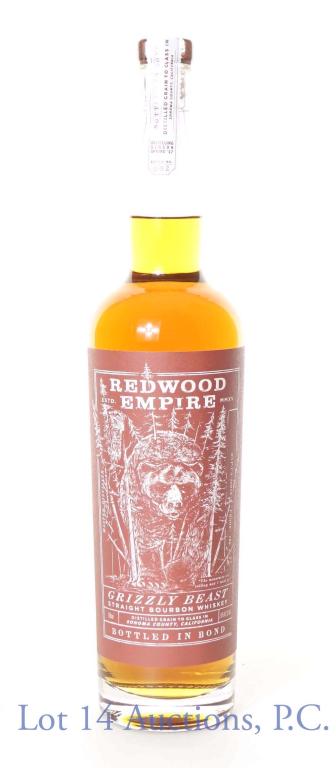 Redwood Empire Bourbon BiB 5 Yr.: *** IF YOU MAY NEED SHIPPING, PLEASE CALL US BEFORE BIDDING ON BOTTLES! 847-625-0555. *** Redwood Empire "Grizzly Beast" Bottled in Bond straight bourbon whiskey. 50% abv. 100 proof. 750 ml. Aged for