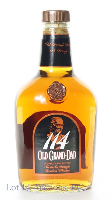 Old Grand-Dad 114 Lot No. 1 Whiskey: *** IF YOU MAY NEED SHIPPING, PLEASE CALL US BEFORE BIDDING ON BOTTLES! 847-625-0555. *** 114 proof. 57%abv. 750 ml., full and sealed.