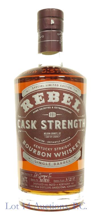 2017 Rebel Bourbon Limited Edition: *** IF YOU MAY NEED SHIPPING, PLEASE CALL US BEFORE BIDDING ON BOTTLES! 847-625-0555. *** Rebel Special Limited Edition Kentucky Straight Bourbon Whiskey, single barrel. 60% abv. 120 proof. 750 ml. Ba
